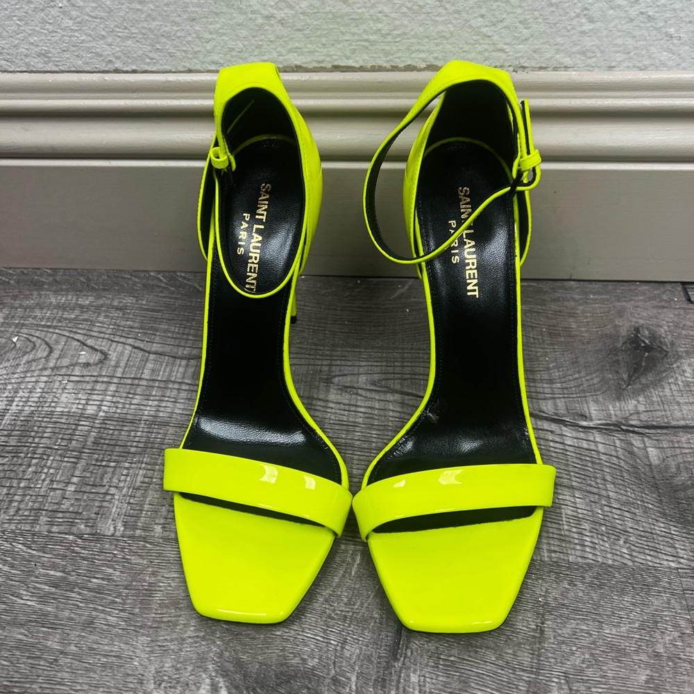 SAINT LAURENT Patent Calfskin Amber Ankle Strap Sandals 39 Yellow Fluo - Picture 2 of 6